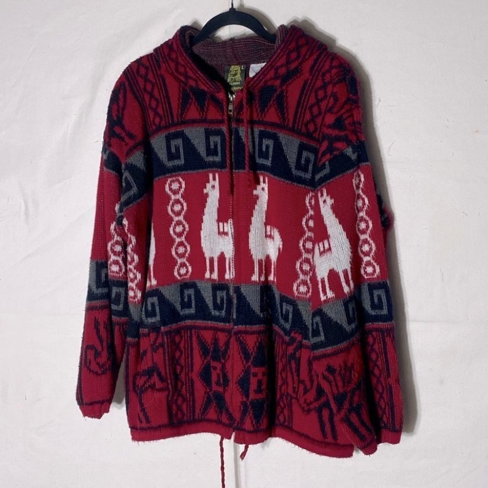 Tejidos Ruminahui Red Alpaca Zip Front Wool Sweater L